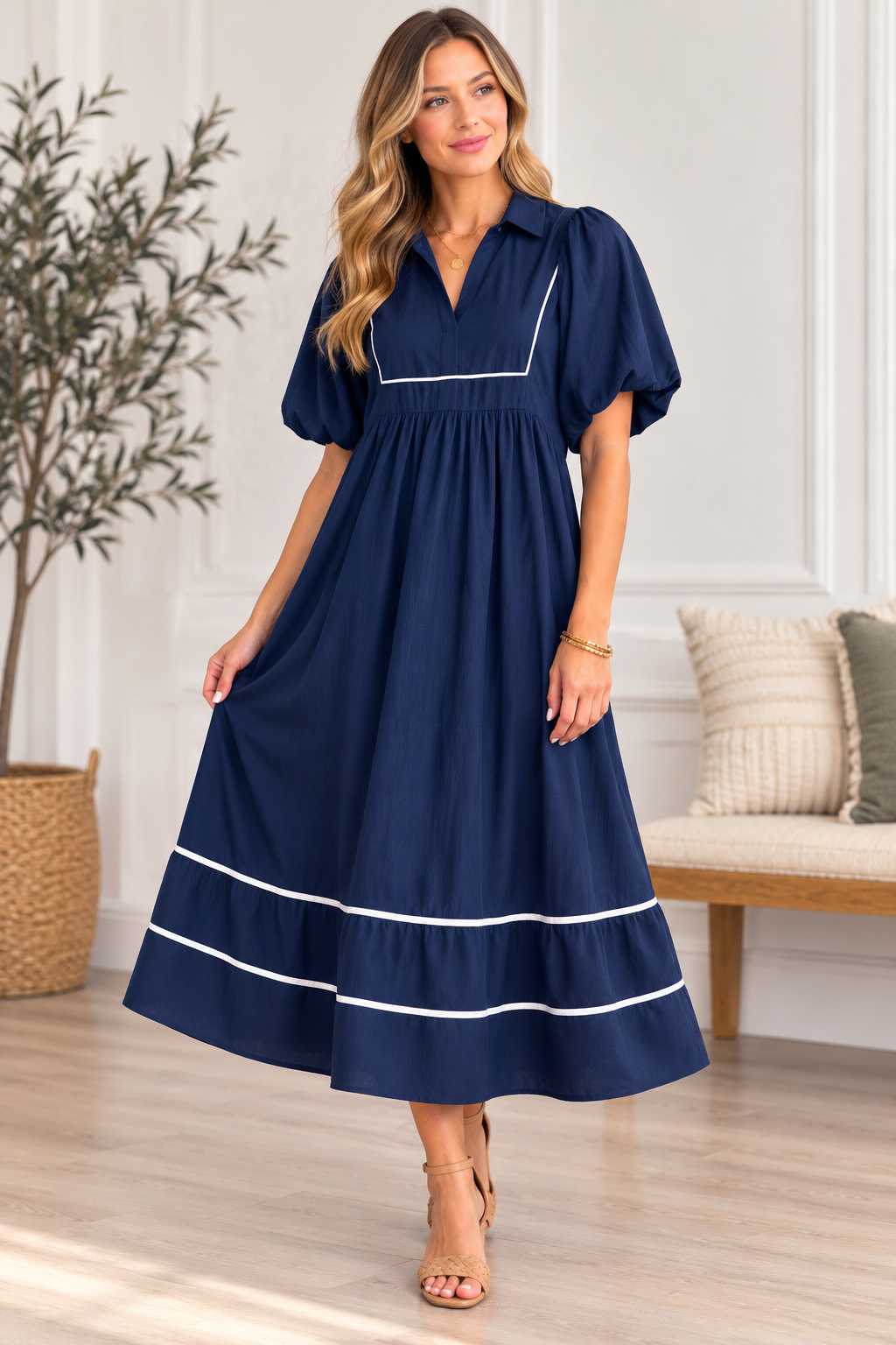 Contrast Trim Puff Sleeve Midi Dress